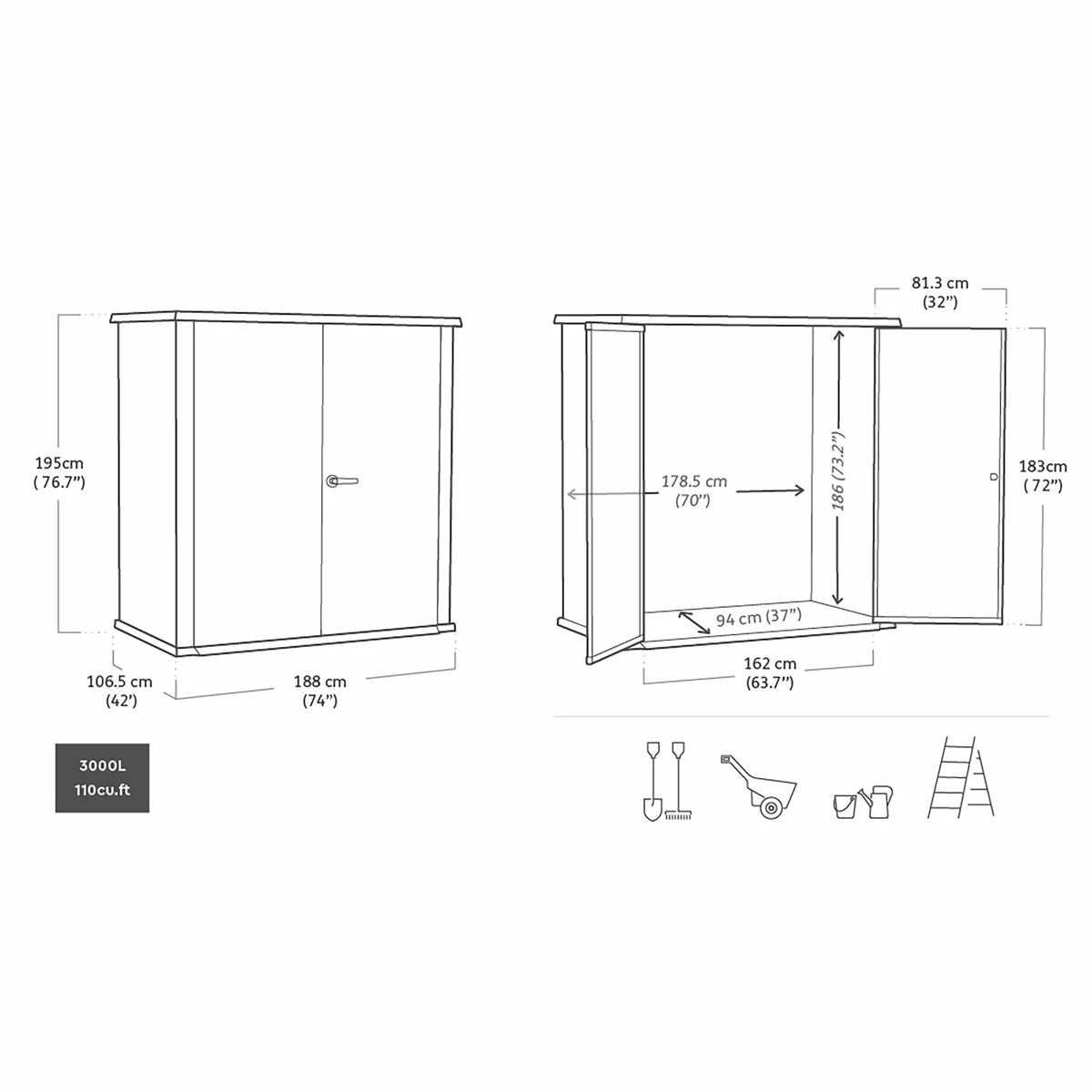 Keter Cortina 6ft 4" x 6ft 1" (1.9 x 0.7m) 3, 000 Litre Vertical Storage Shed
