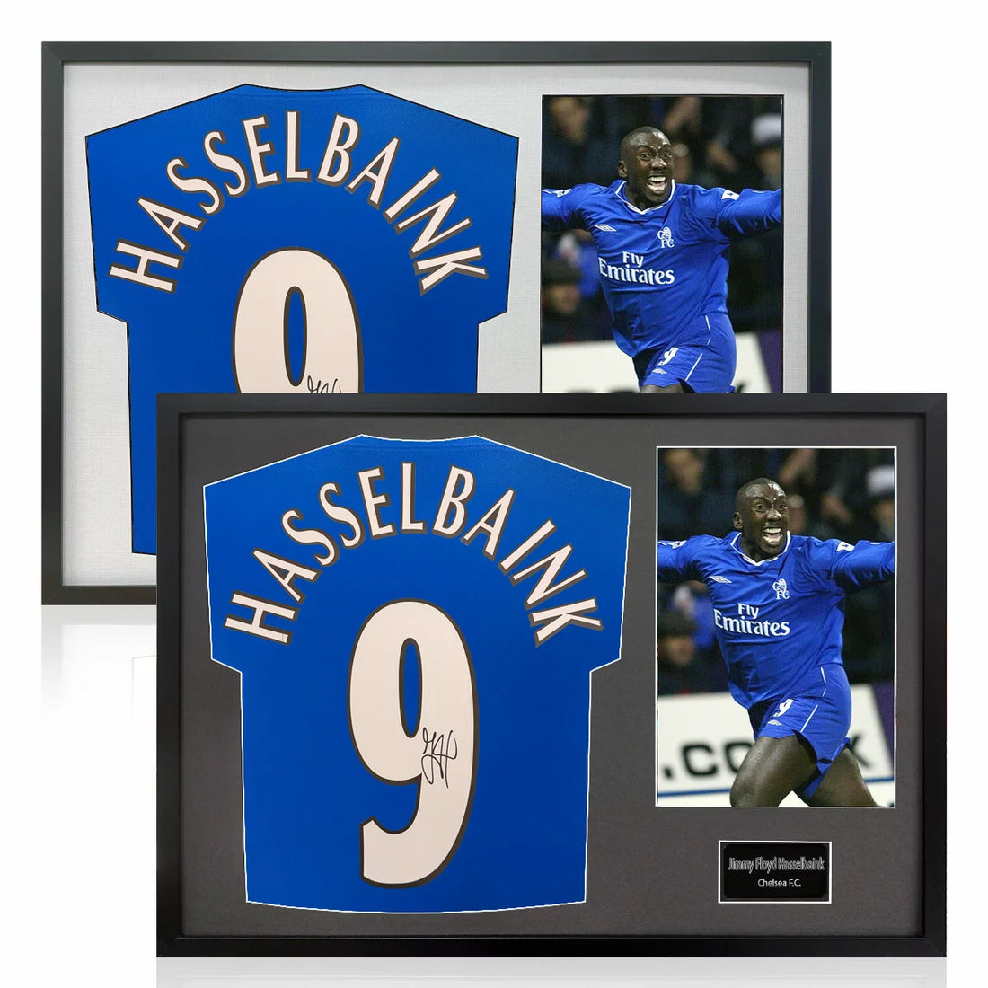 Jimmy Floyd Hasselbaink Signed Framed Chelsea Football Shirt including 1 Photo