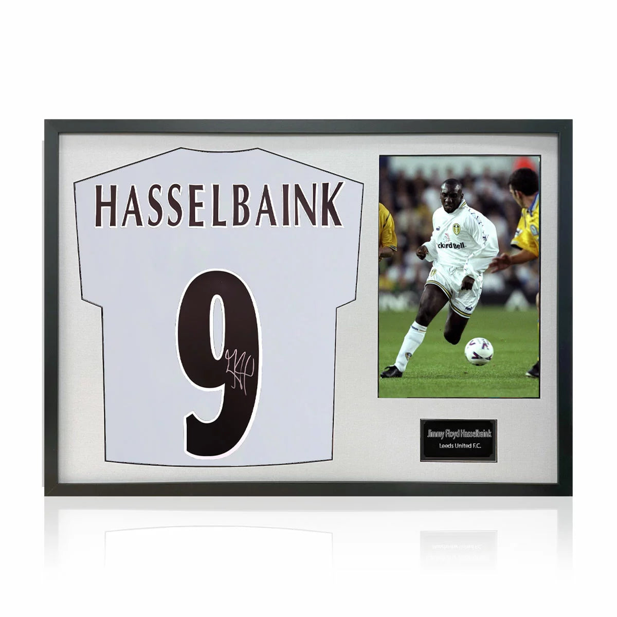 Jimmy Floyd Hasselbaink Signed Framed Leeds Football Shirt including 1 Photo