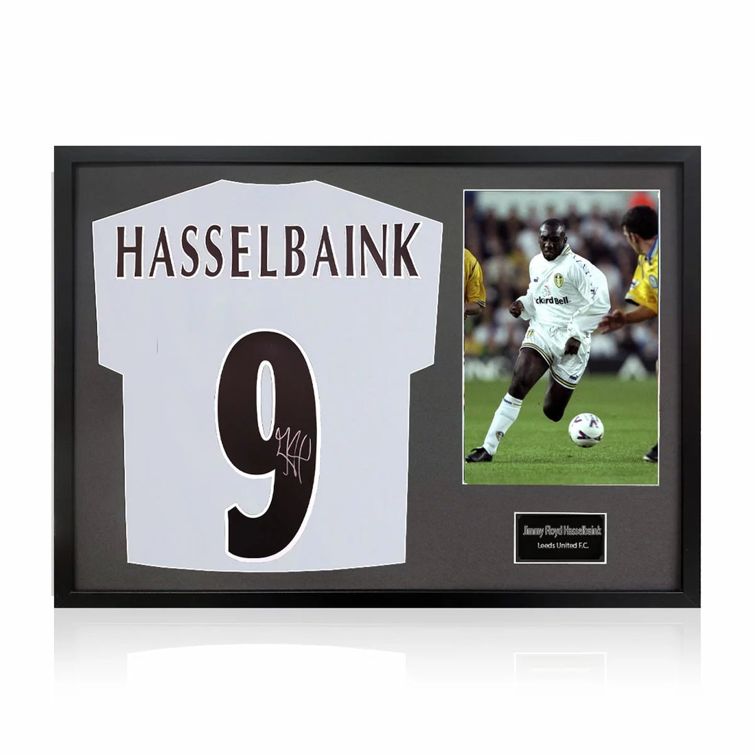 Jimmy Floyd Hasselbaink Signed Framed Leeds Football Shirt including 1 Photo