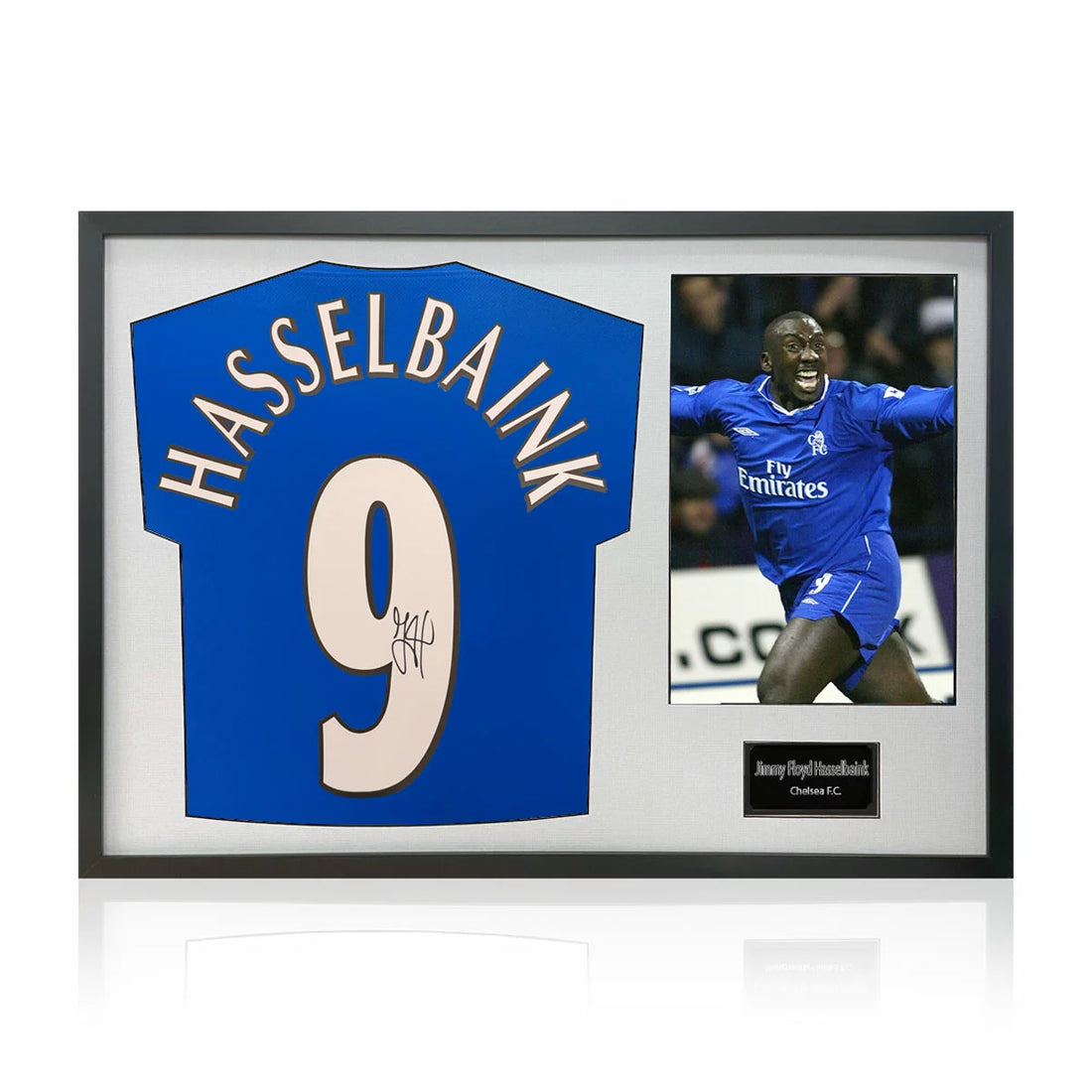 Jimmy Floyd Hasselbaink Signed Framed Chelsea Football Shirt including 1 Photo