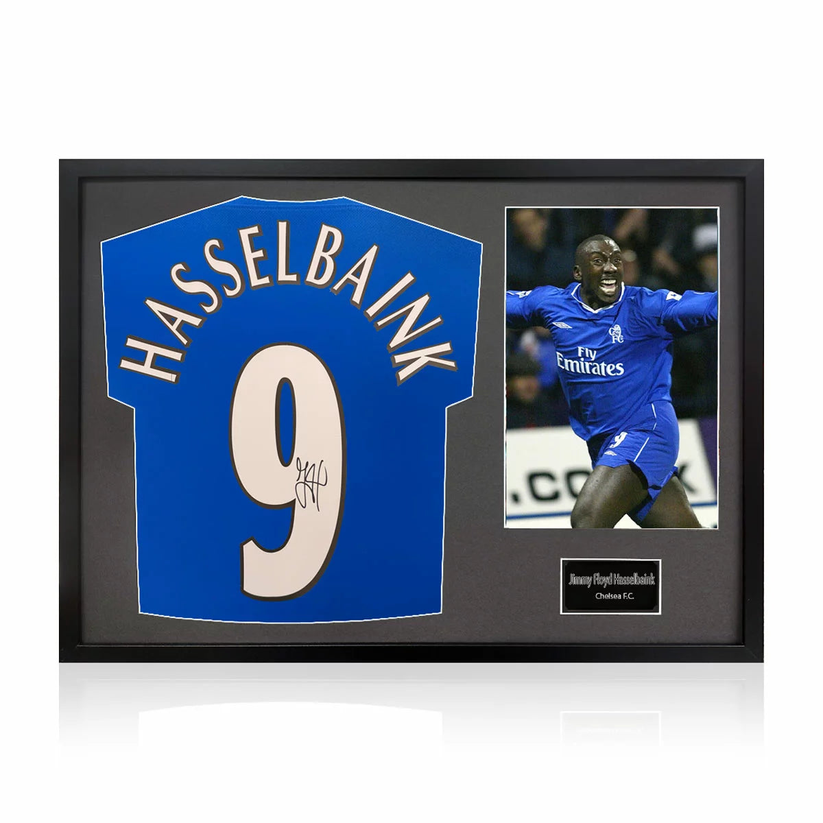 Jimmy Floyd Hasselbaink Signed Framed Chelsea Football Shirt including 1 Photo