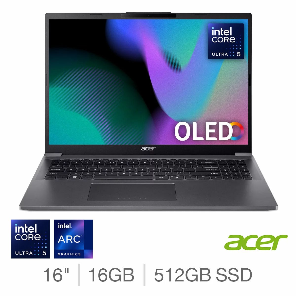 Acer Aspire 16, Intel Core Ultra 5, 16GB RAM, 512GB SSD, 16 Inch OLED Laptop