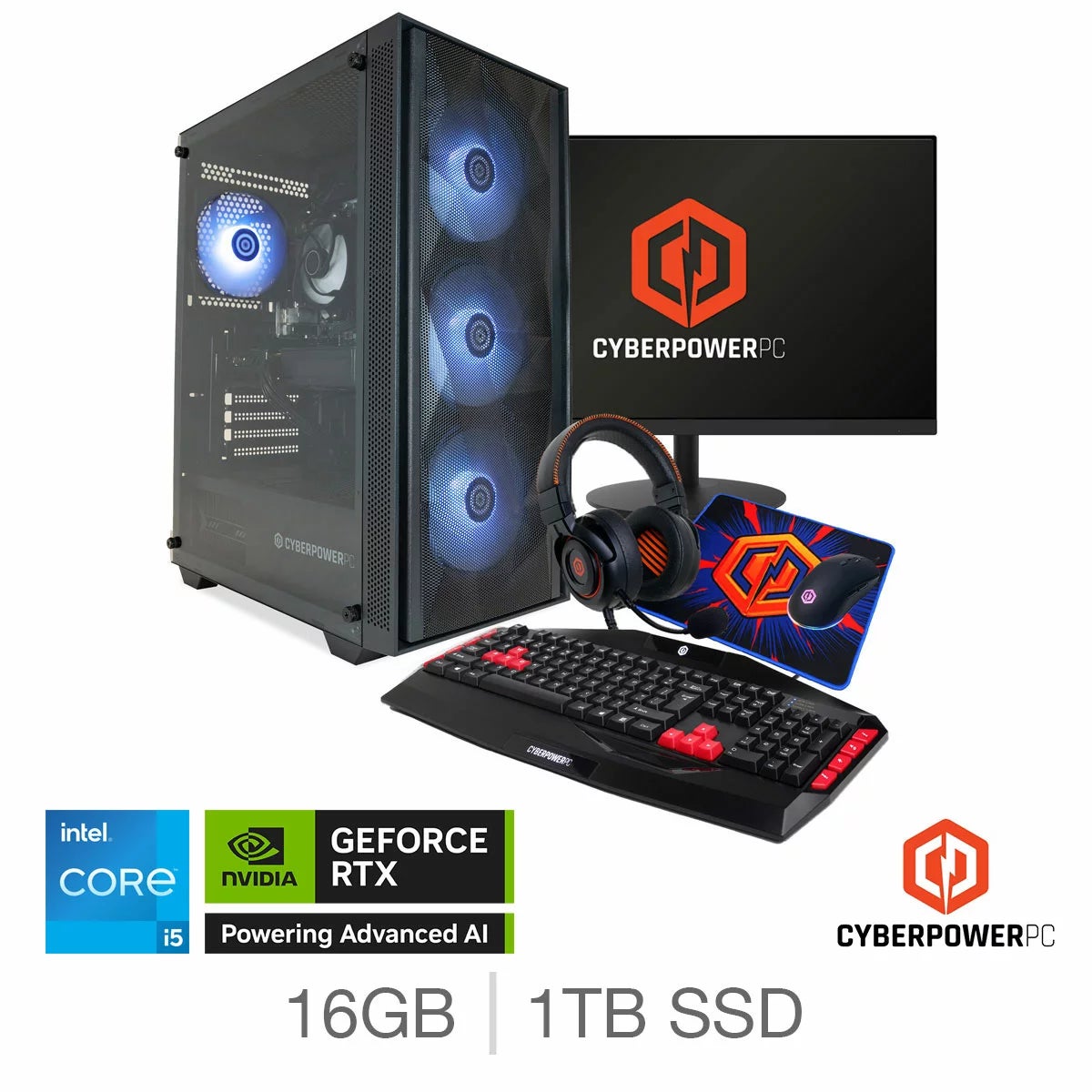 CyberPower, Intel Core i5, 16GB RAM, 1TB SSD, NVIDIA GeForce RTX 5060, Gaming Desktop Bundle