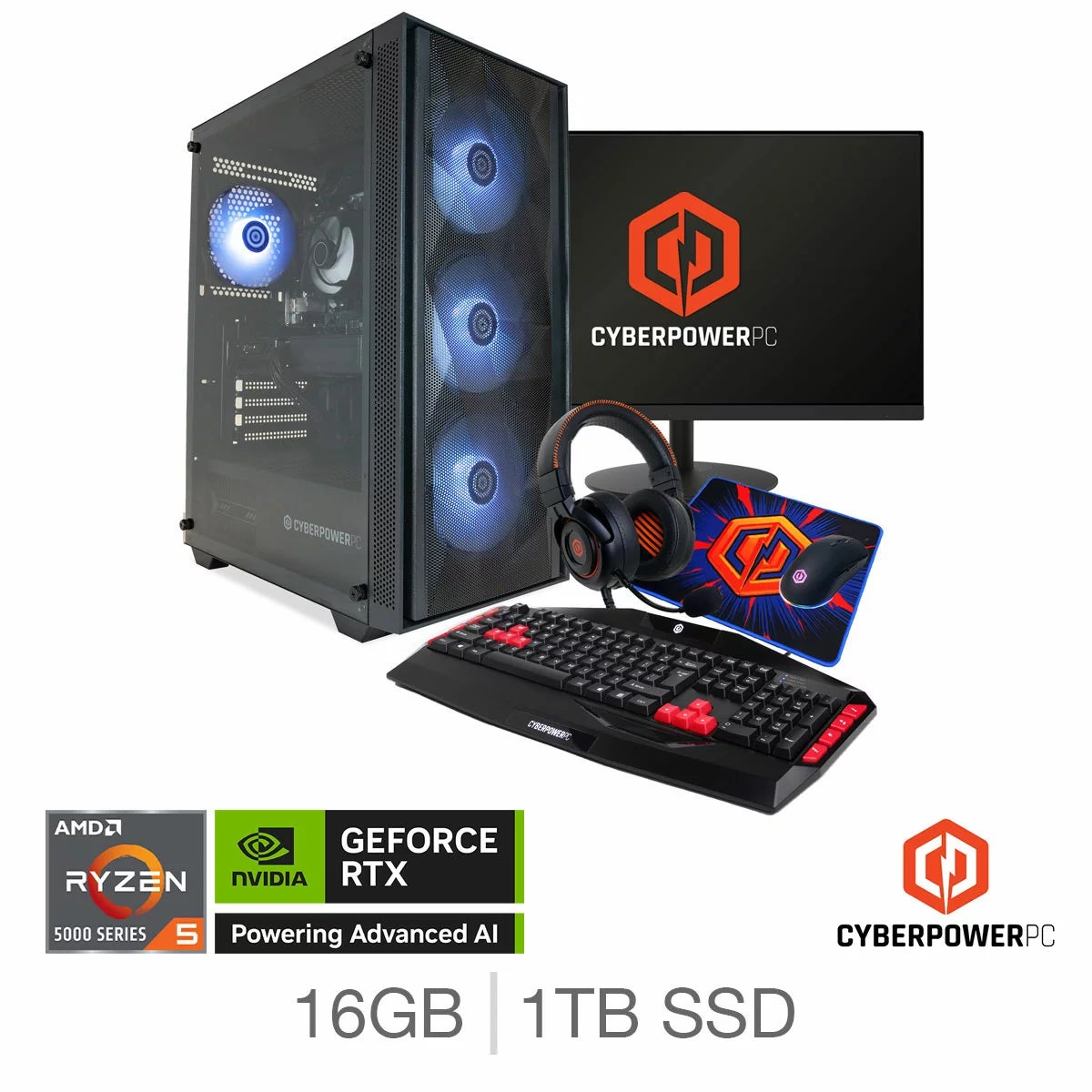 CyberPower, AMD Ryzen 5, 16GB RAM, 1TB SSD, NVIDIA GeForce RTX 5060, Gaming Desktop Bundle