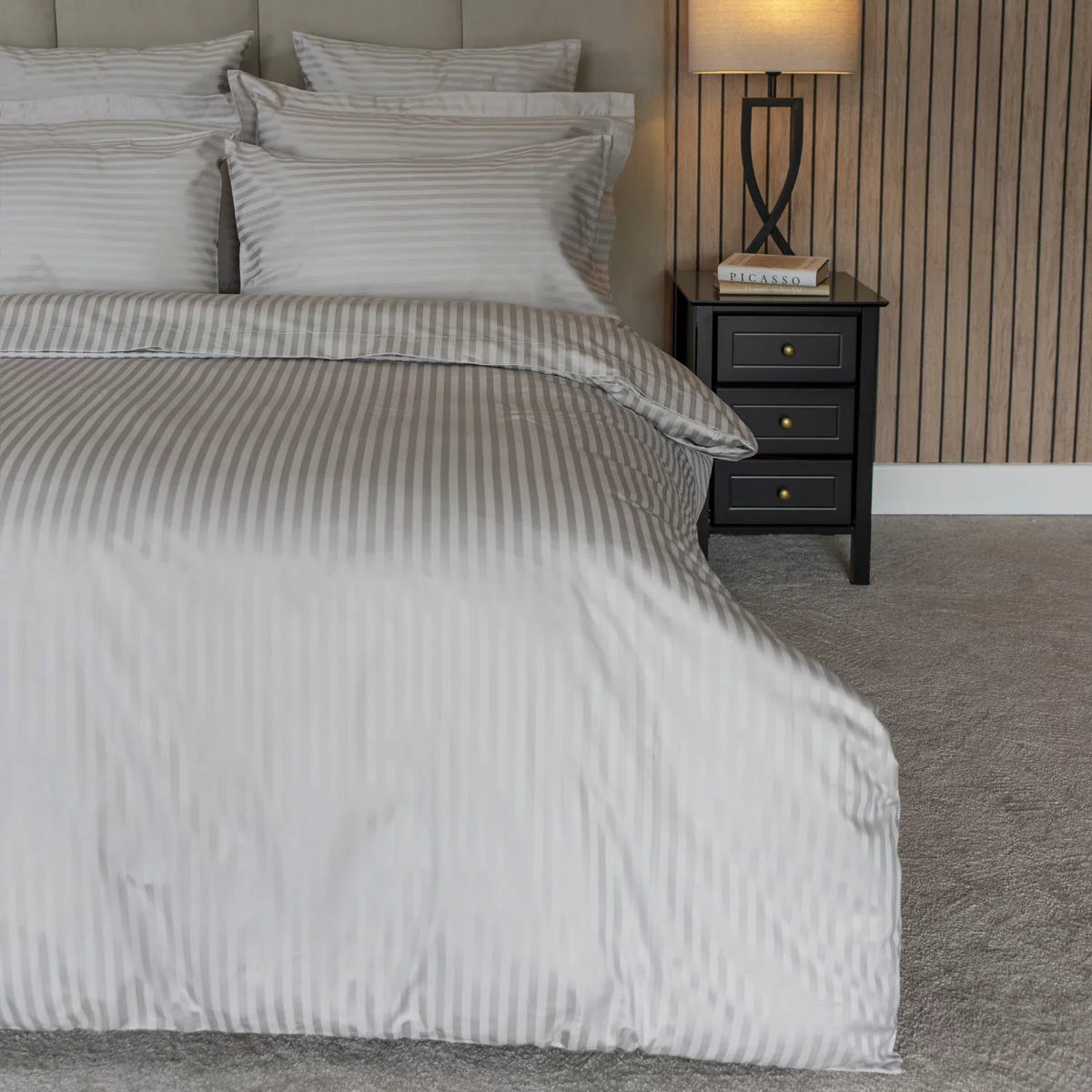 Belledorm 540 Thread Count Satin Stripe Grey Duvet Cover Set in 3 Sizes