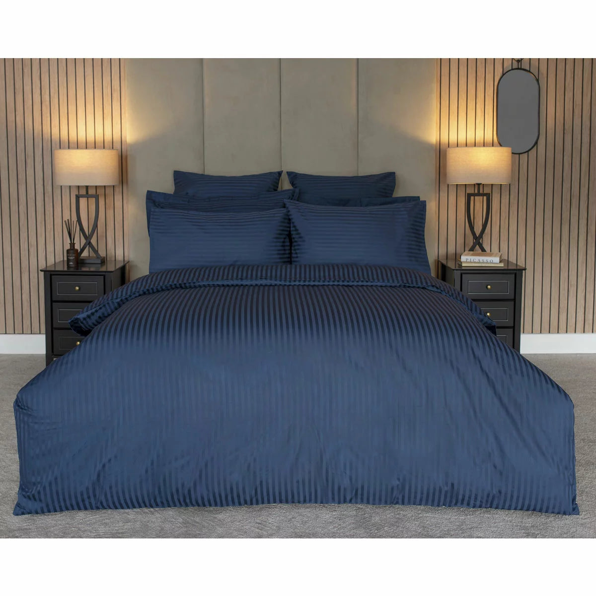 Belledorm 540 Thread Count Satin Stripe Navy Duvet Cover Set in 3 Sizes