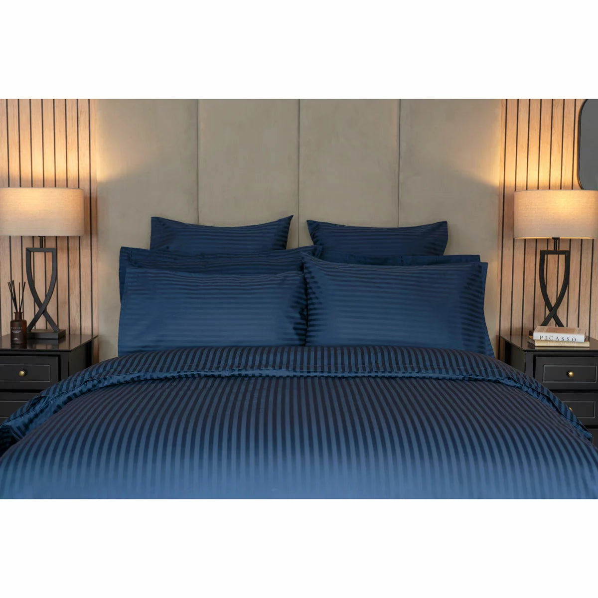 Belledorm 540 Thread Count Satin Stripe Navy Duvet Cover Set in 3 Sizes