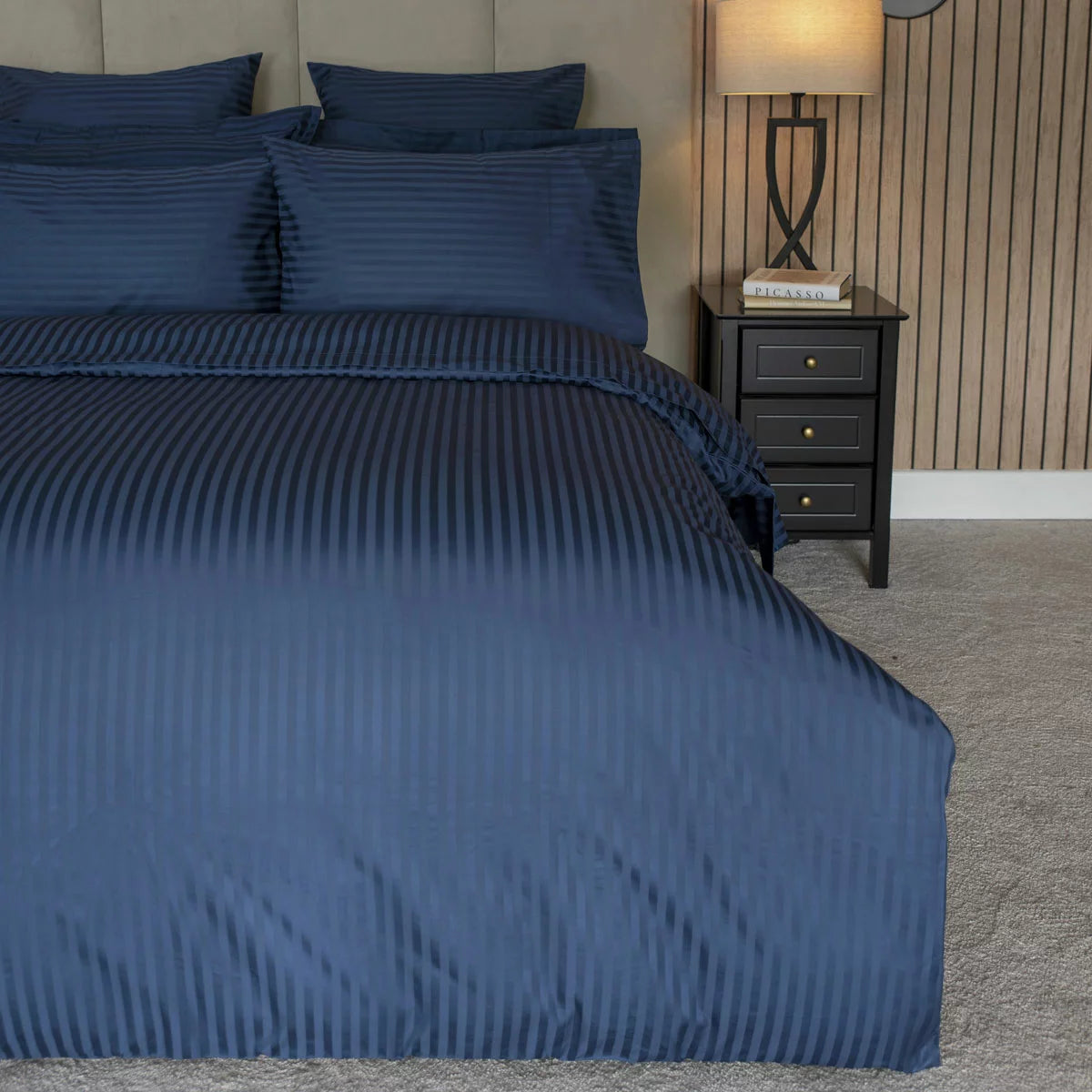 Belledorm 540 Thread Count Satin Stripe Navy Duvet Cover Set in 3 Sizes