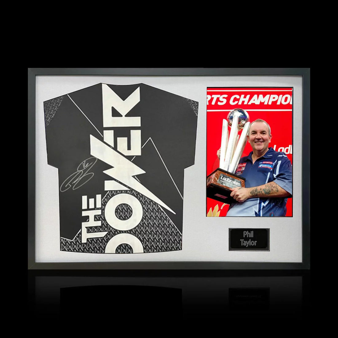 Phil Taylor Signed Framed Darts Shirt including 1 Photo in 2 Options: White or