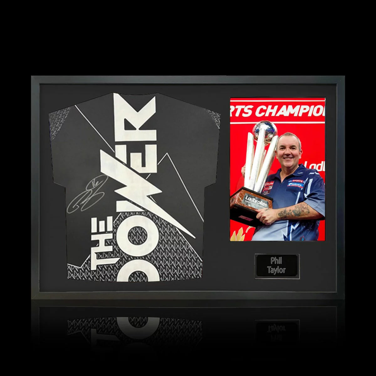 Phil Taylor Signed Framed Darts Shirt including 1 Photo in 2 Options: White or