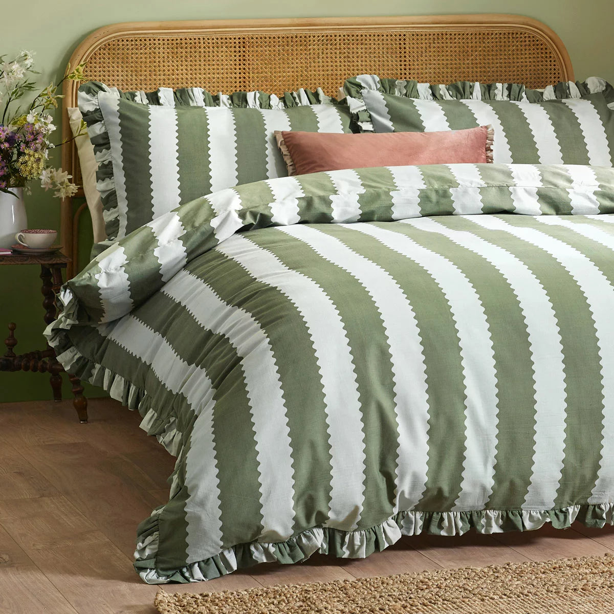 Wylder Birdie Green Stripe Duvet Cover Set, in 4 Sizes