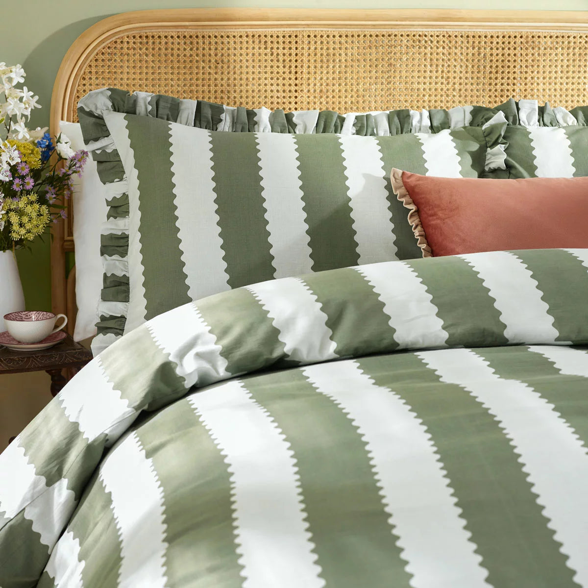 Wylder Birdie Green Stripe Duvet Cover Set, in 4 Sizes