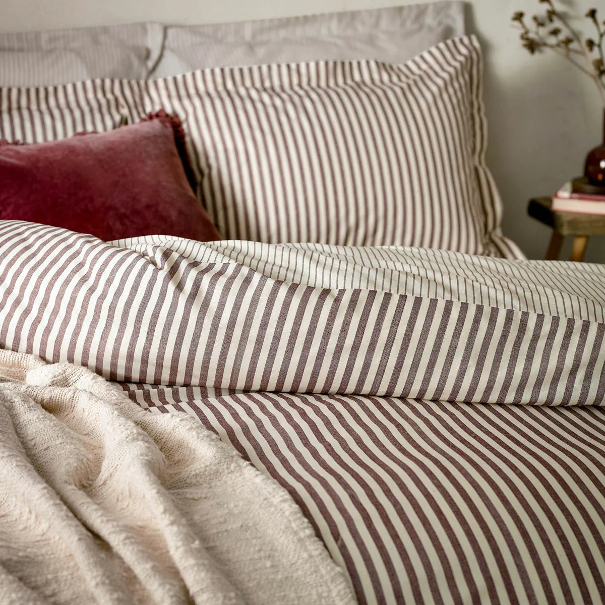 Yard Hebden 100% Cotton Burgundy Stripe Duvet Cover Set in 4 Sizes