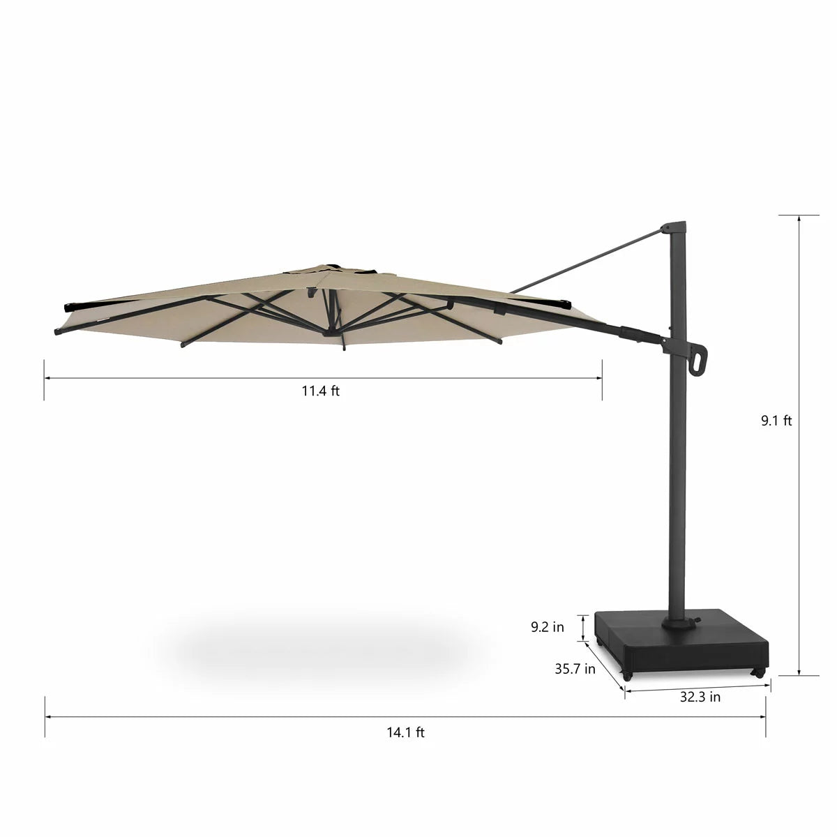 Mirador 11ft (3.3m) Round Cantilever Umbrella with Rolling Base in Beige