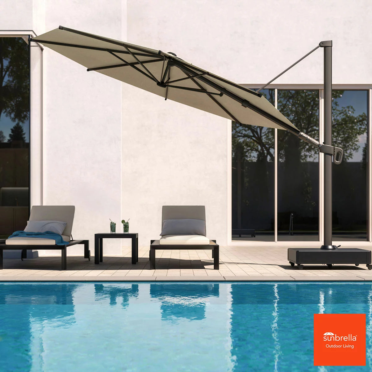 Mirador 11ft (3.3m) Round Cantilever Umbrella with Rolling Base in Beige