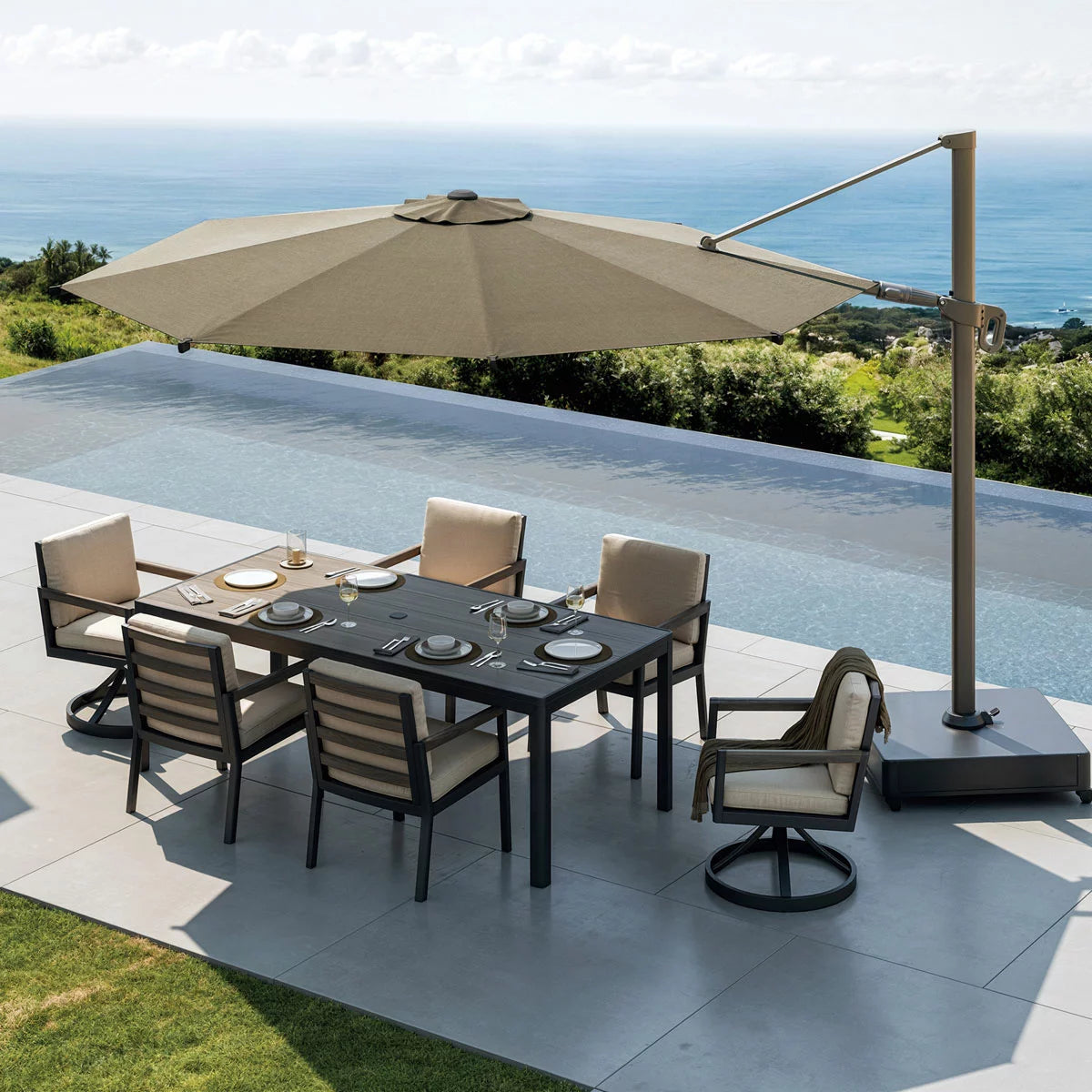 Mirador 11ft (3.3m) Round Cantilever Umbrella with Rolling Base in Beige