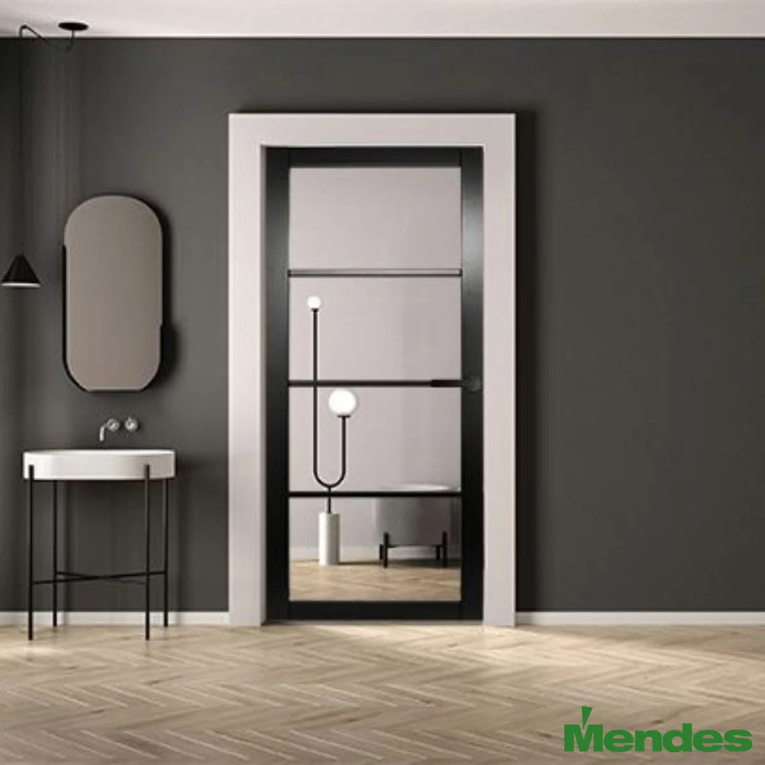 Mendes Industrial Solid Internal Door With Slim Handle Pack- Black Rome Glazed