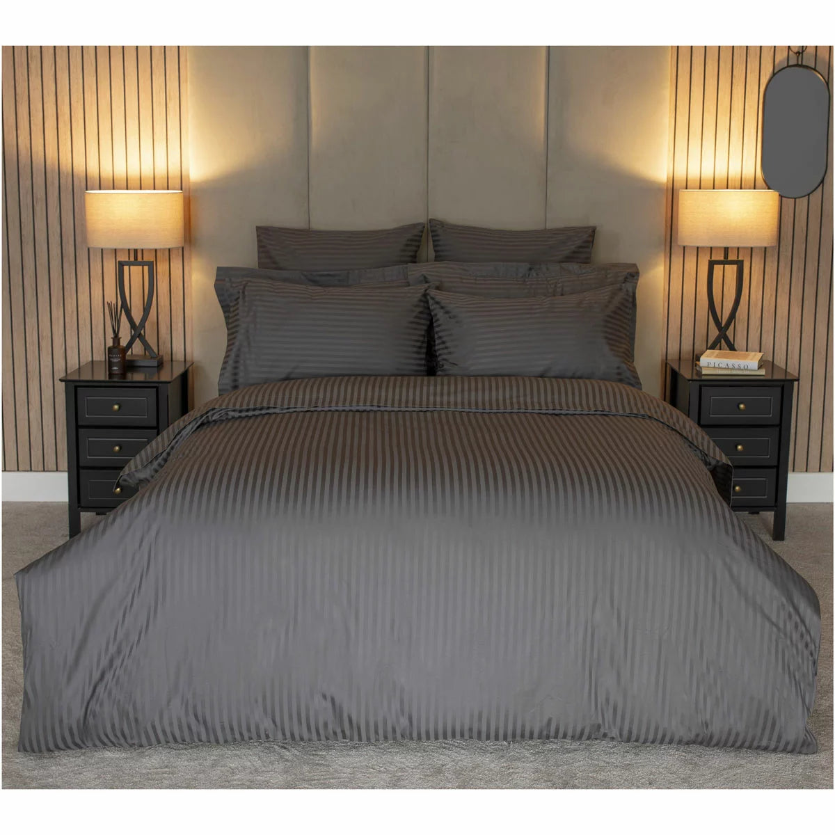 Belledorm 540 Thread Count Satin Stripe Charcoal Duvet Cover Set in 3 Sizes
