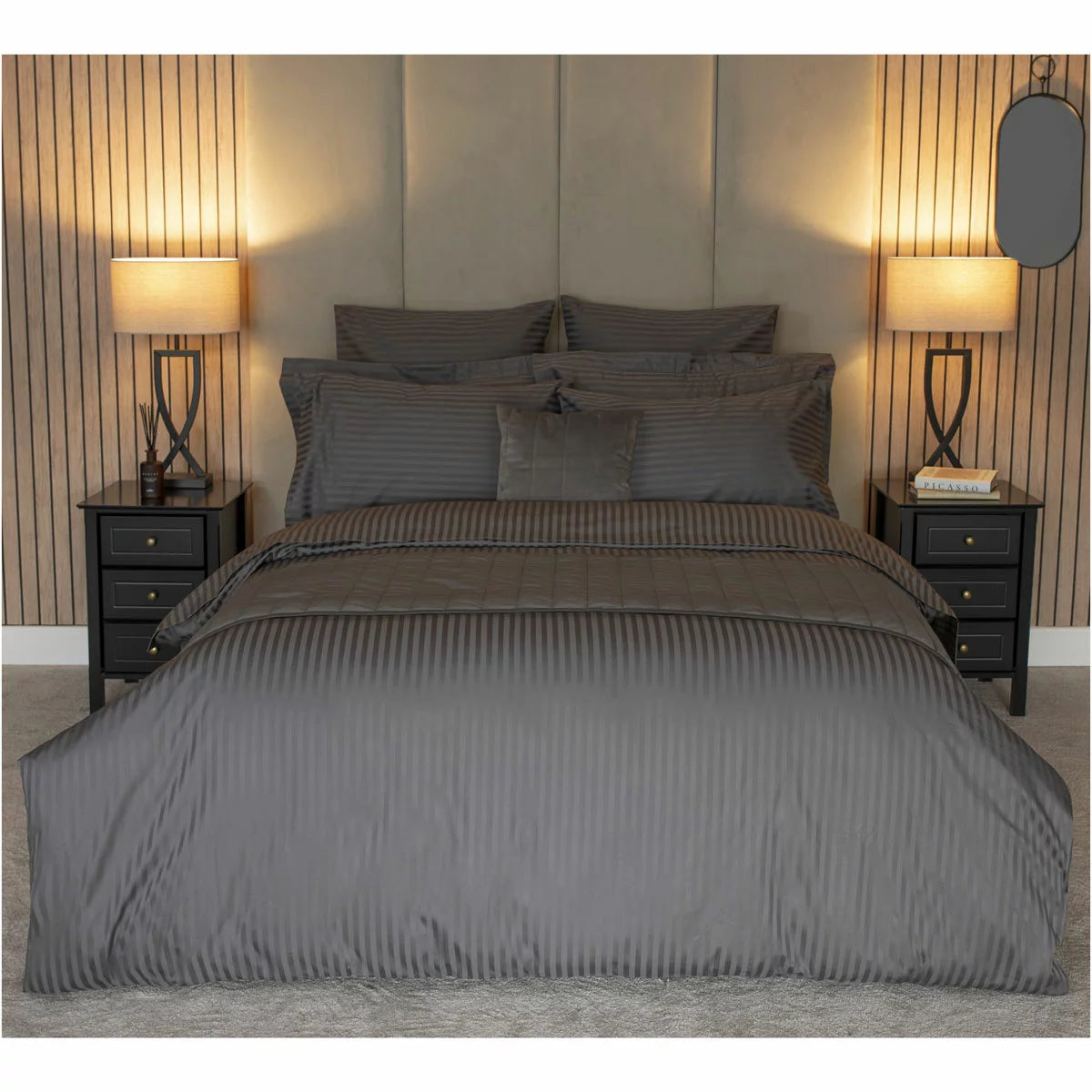 Belledorm 540 Thread Count Satin Stripe Charcoal Duvet Cover Set in 3 Sizes