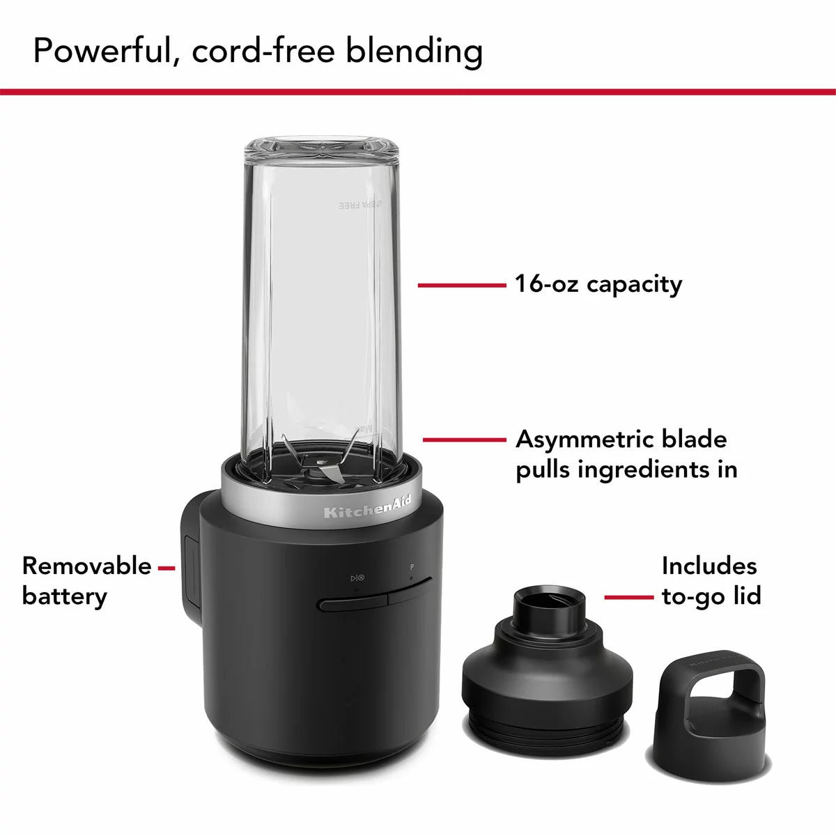 KitchenAid 5KSBR256BM Go Cordless Personal Blender With Battery in Black, view 6
