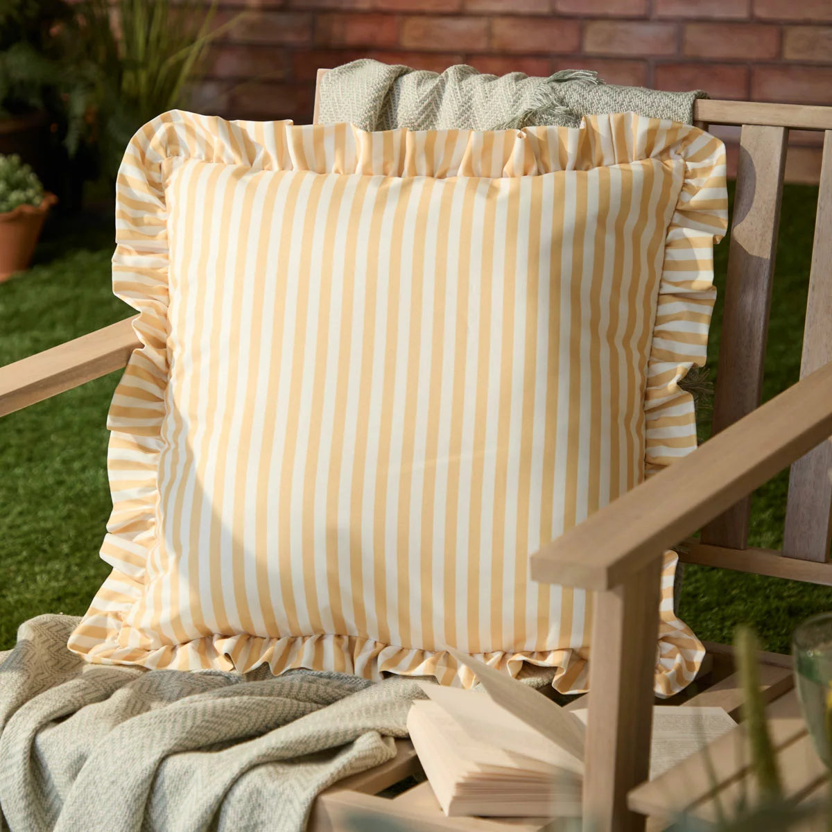 Wylder Millie Ruffle Striped Indoor Outdoor Cushion, 50 x 50 cm