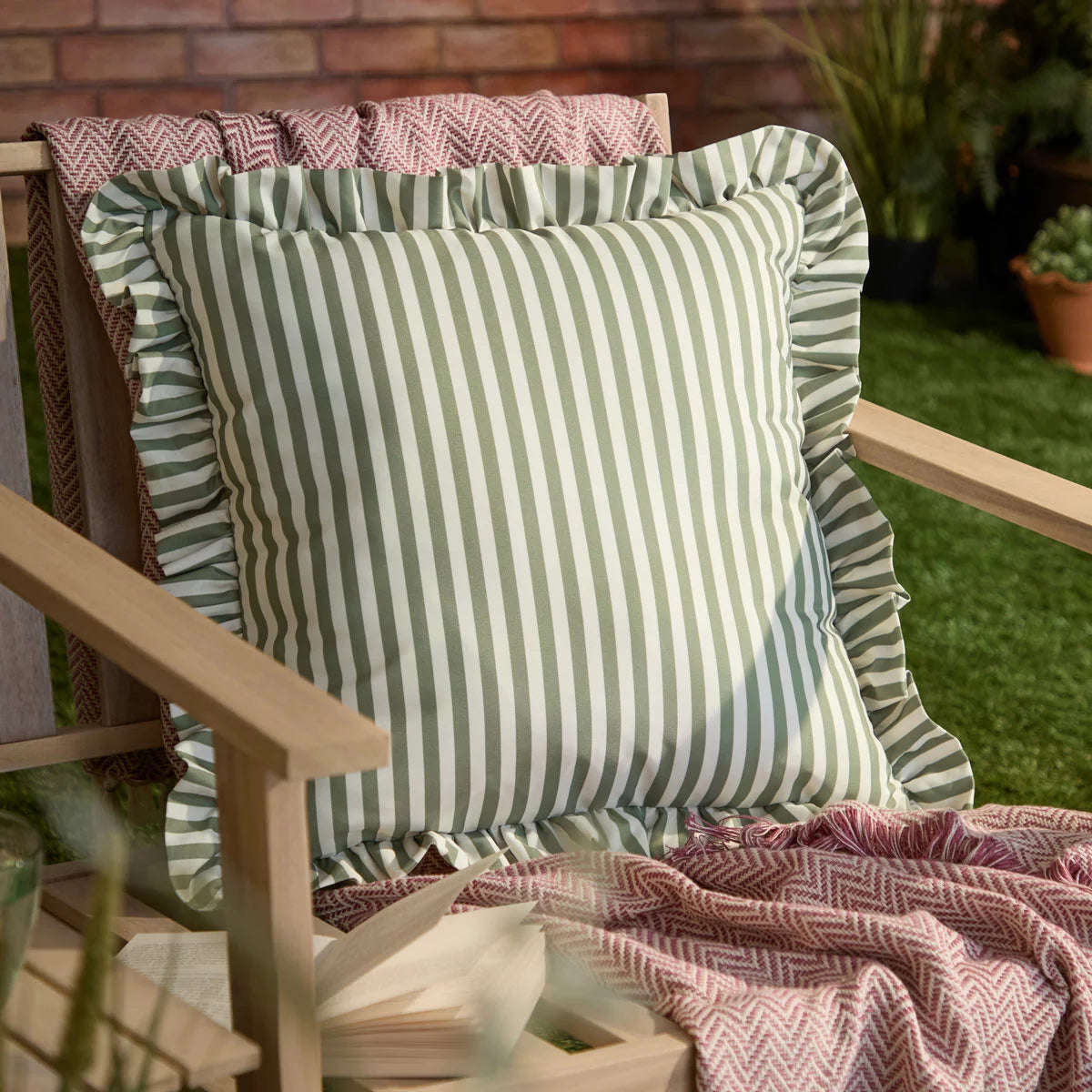 Wylder Millie Ruffle Striped Indoor Outdoor Cushion, 50 x 50 cm