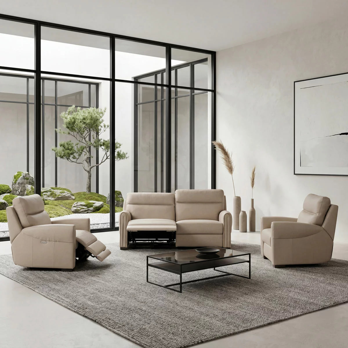 Nicoletti Atlanta Beige Leather Power Reclining Large 2 Seater Sofa