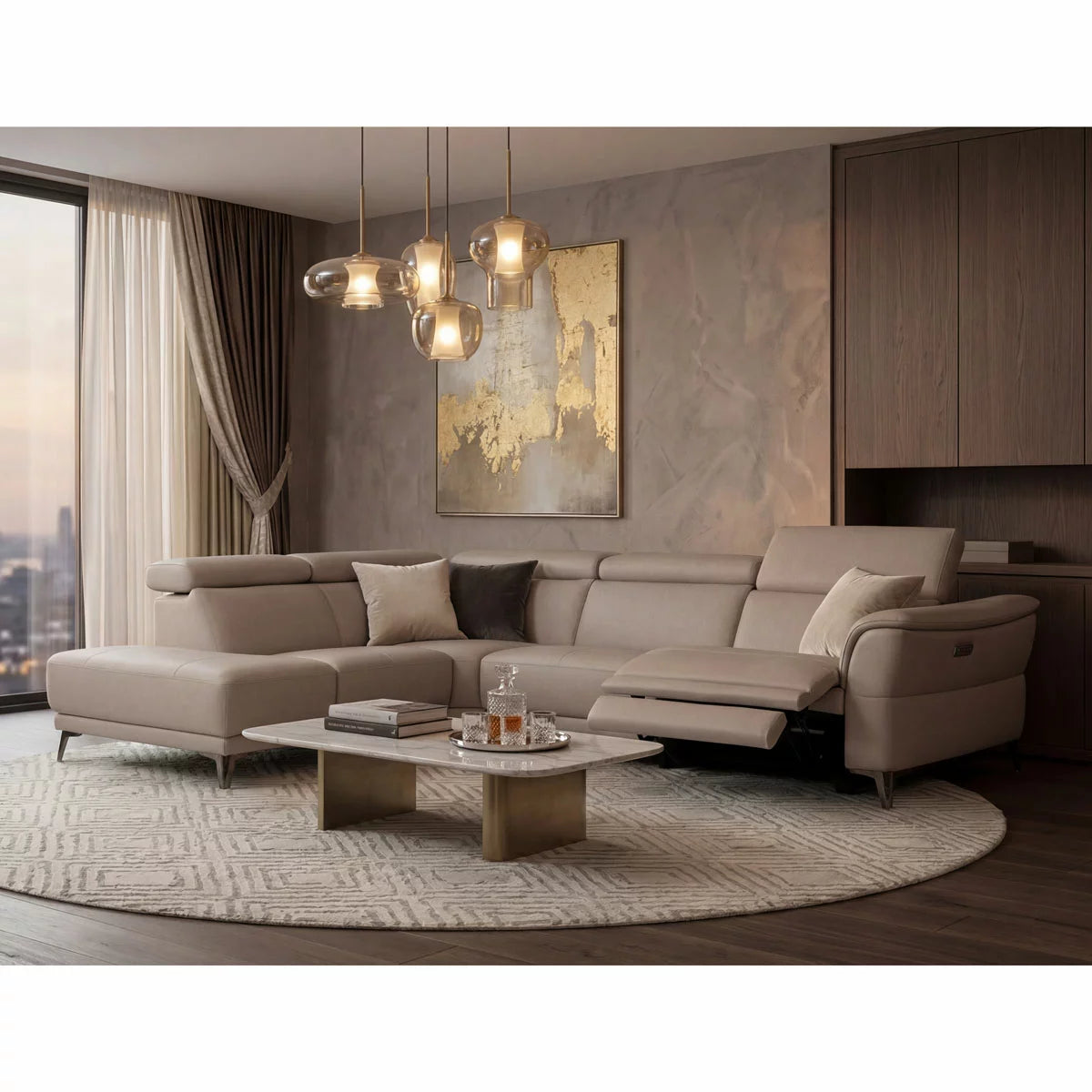 Nicoletti Charleston Beige Leather Power Reclining Corner Sofa with Chaise in 2