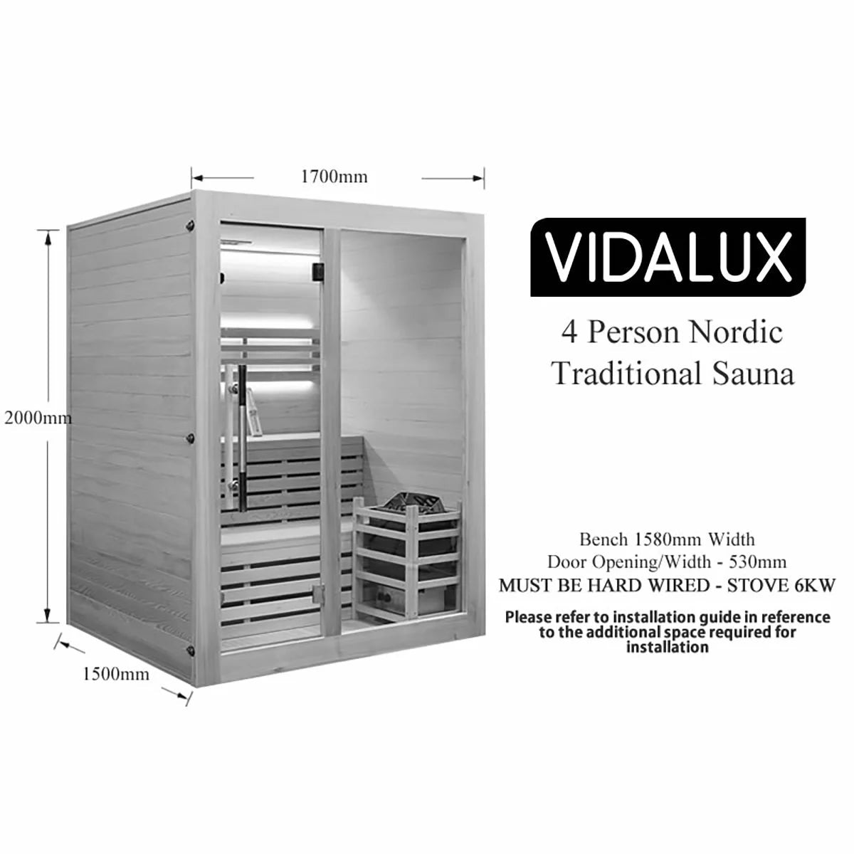 Vidalux Nordic Traditional Indoor Sauna in 4 Sizes, view 36