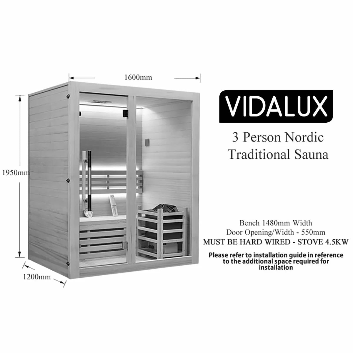 Vidalux Nordic Traditional Indoor Sauna in 4 Sizes, view 28