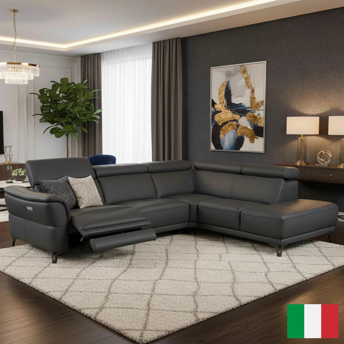 Nicoletti Charleston Blue Leather Power Reclining Corner Sofa with Chaise, Right Hand Facing