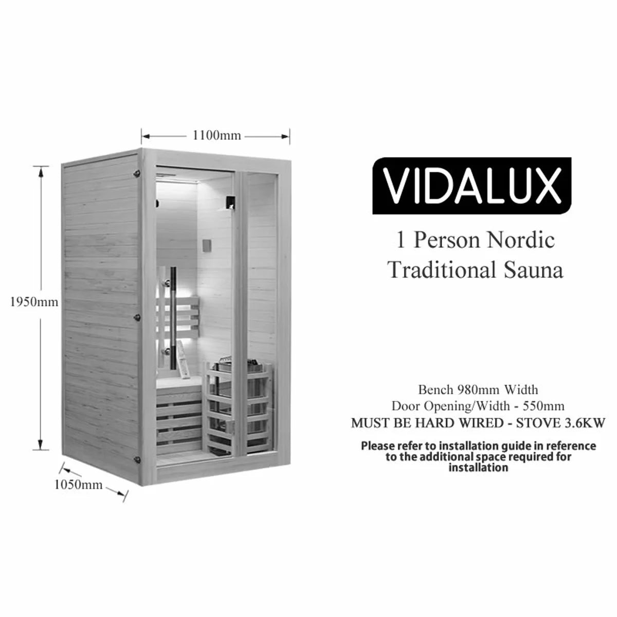 Vidalux Nordic Traditional Indoor Sauna in 4 Sizes, view 12
