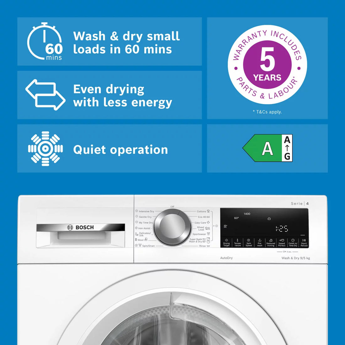 Bosch WNA144V9GB Series 4 9/5kg Washer Dryer, E Rated in White