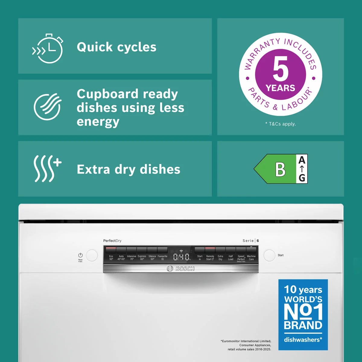 Bosch SMS6ZCW10G Series 6 Freestanding 14 Place Setting Dishwasher, B Rated