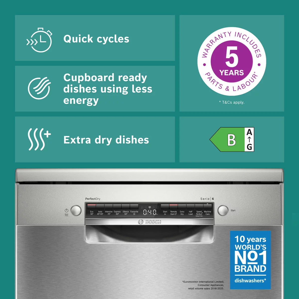 Bosch Series 6 SMS6ZCI10G, 14 Place Setting, Freestanding Dishwasher, B Rated