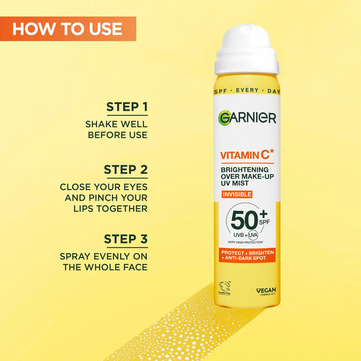 Garnier Vitamin C Brightening Over Make-up UV Sun Cream Mist, SPF50+, 3 x 75ML