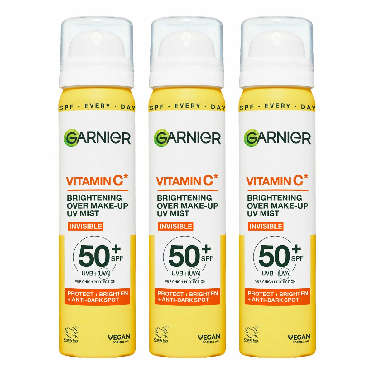 Garnier Vitamin C Brightening Over Make-up UV Sun Cream Mist, SPF50+, 3 x 75ML