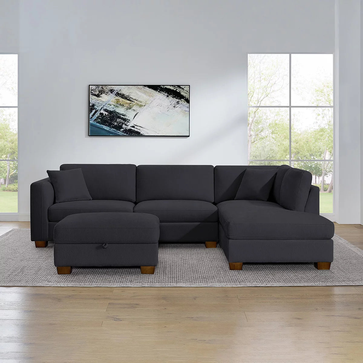Thomasville Walsen Blue Fabric Corner Sofa with Storage Ottoman, Right Hand
