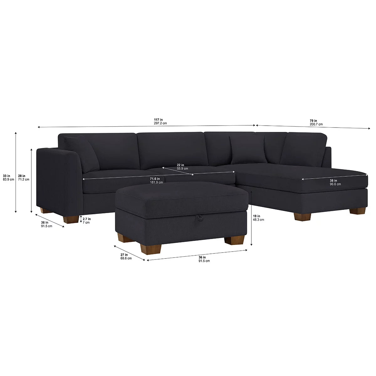 Thomasville Walsen Blue Fabric Corner Sofa with Storage Ottoman, Right Hand