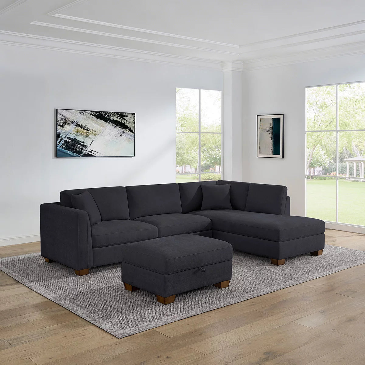 Thomasville Walsen Blue Fabric Corner Sofa with Storage Ottoman, Right Hand