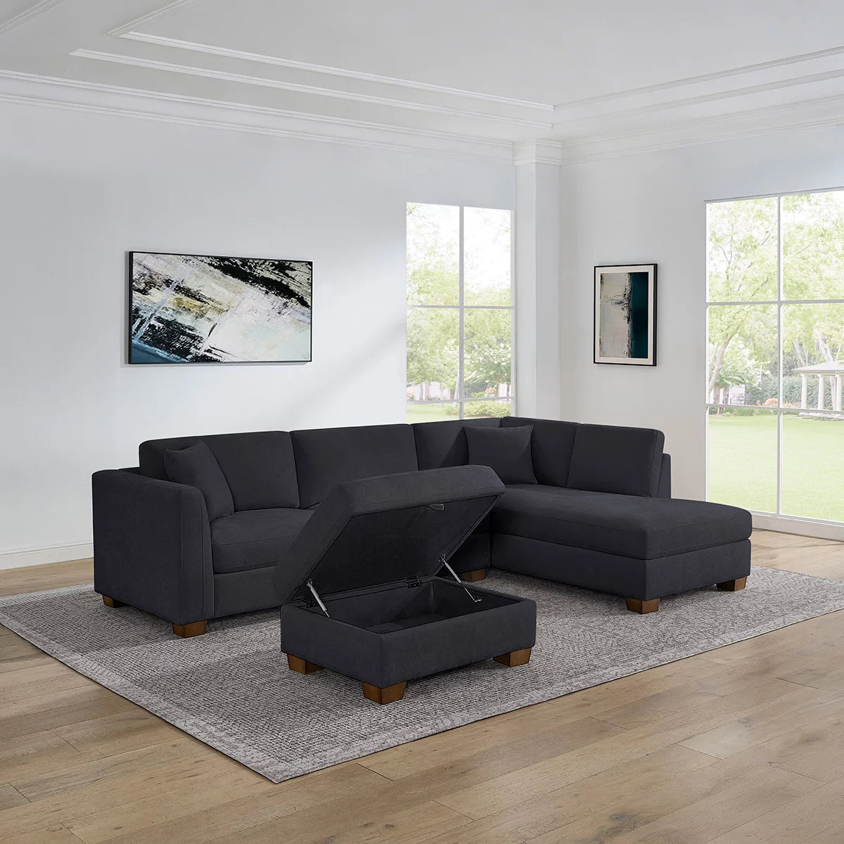 Thomasville Walsen Blue Fabric Corner Sofa with Storage Ottoman, Right Hand