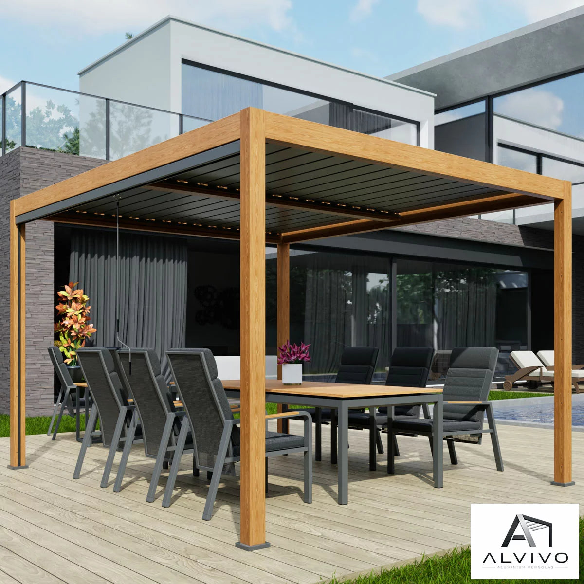 Alvivo 9ft 8" x 13ft 3" (3 x 4m) Wood-Look Louvered Aluminium Pergola Bundle