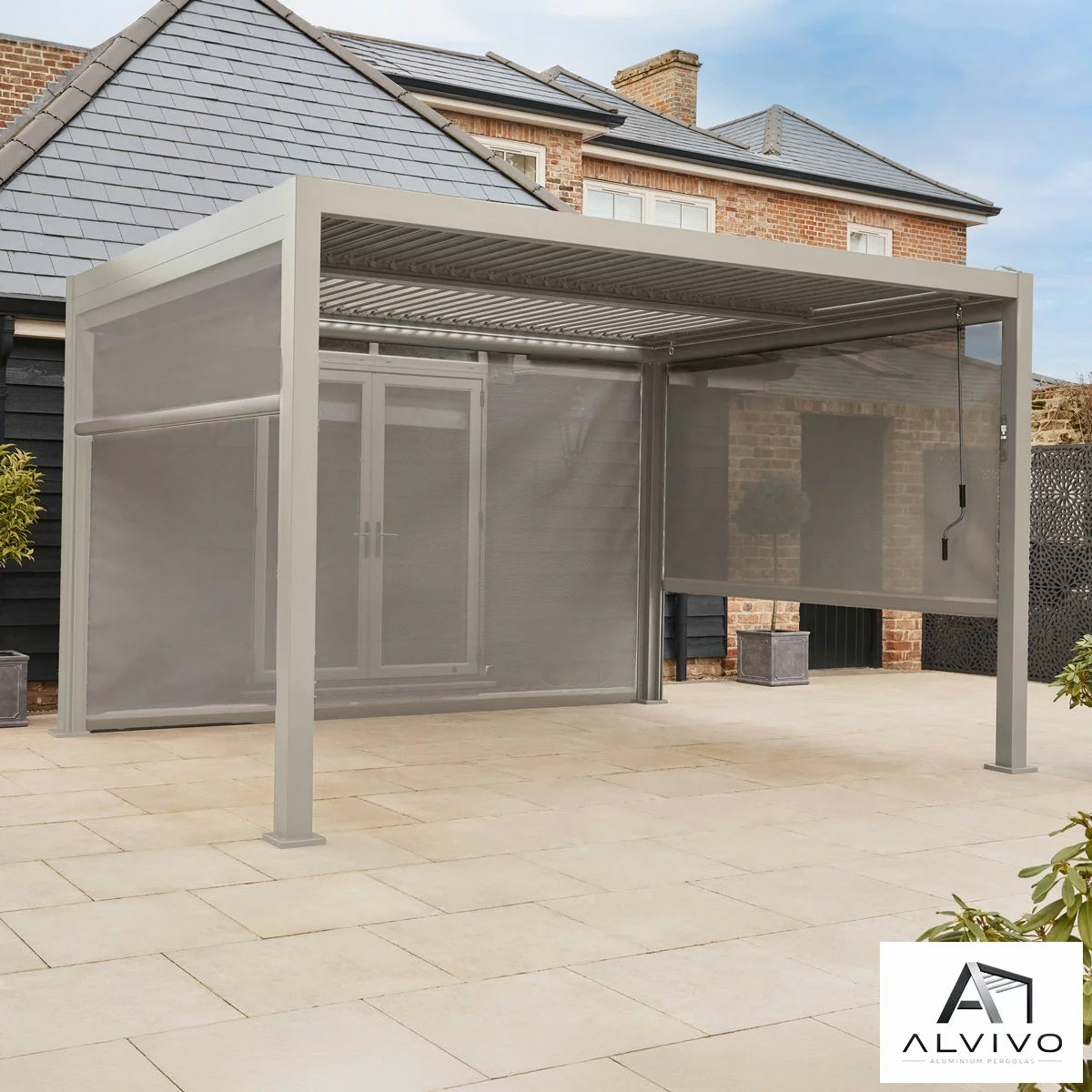 Alvivo 9ft 8" x 13ft 3" (3 x 4m) Beige Louvered Aluminium Pergola Bundle with 3