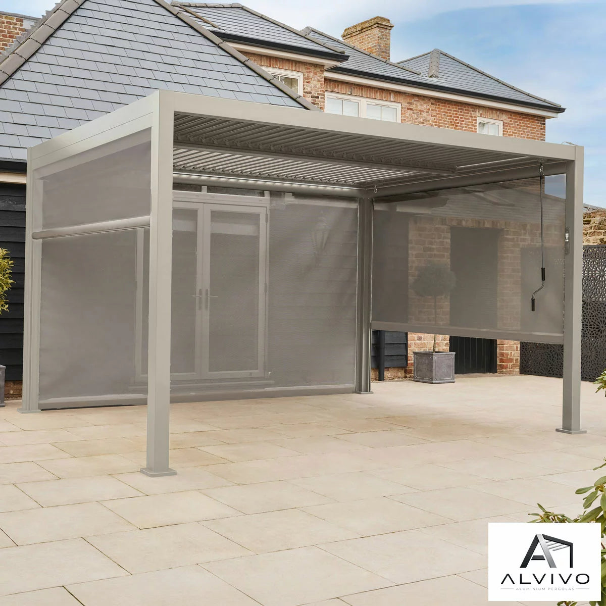 Alvivo 9ft 8" x 13ft 3" (3 x 4m) Beige Louvered Aluminium Pergola Bundle with 4