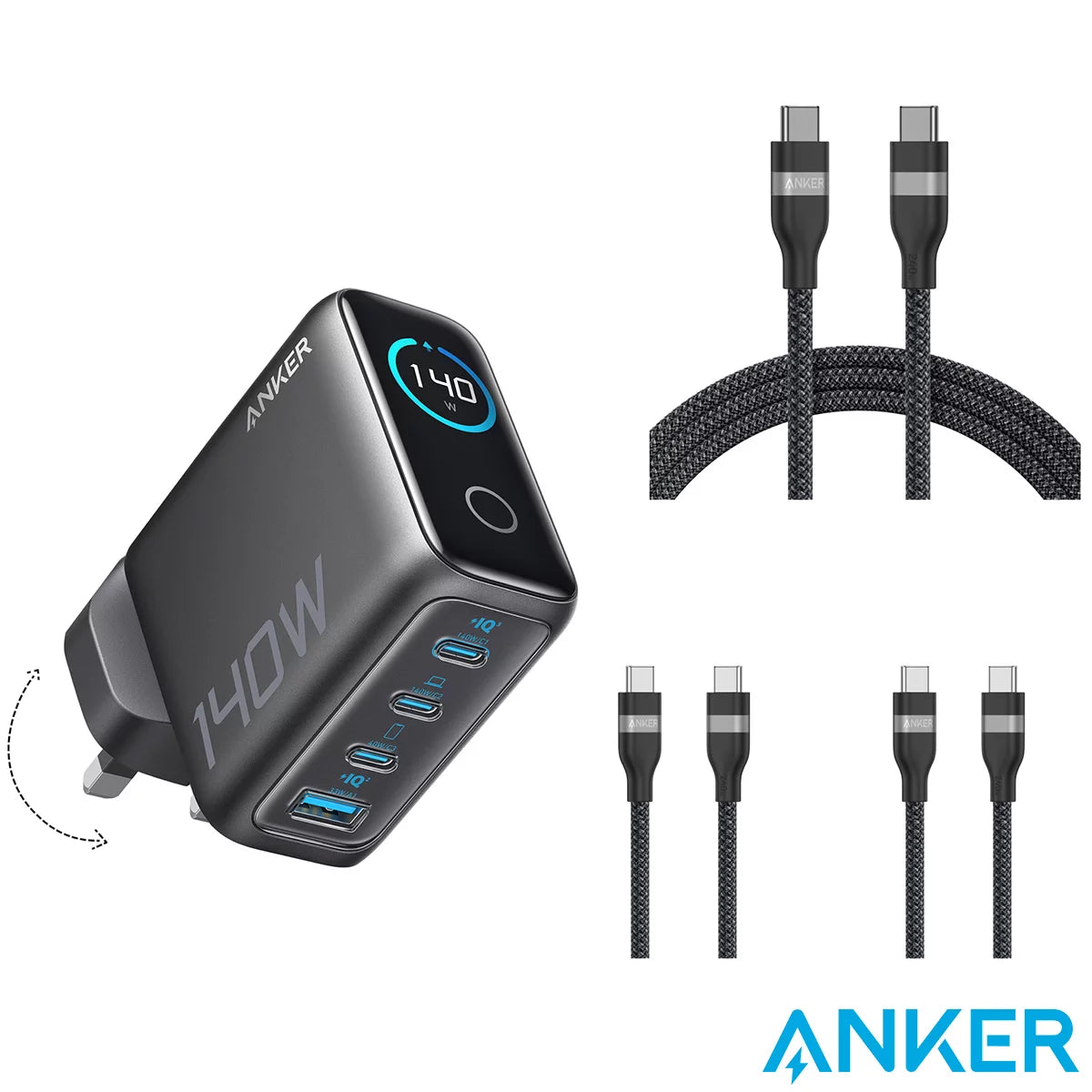 Anker Prime 140W 4-Port GaN Charger with 0.9 m and 1.8 m 240W USB-C to USB-C