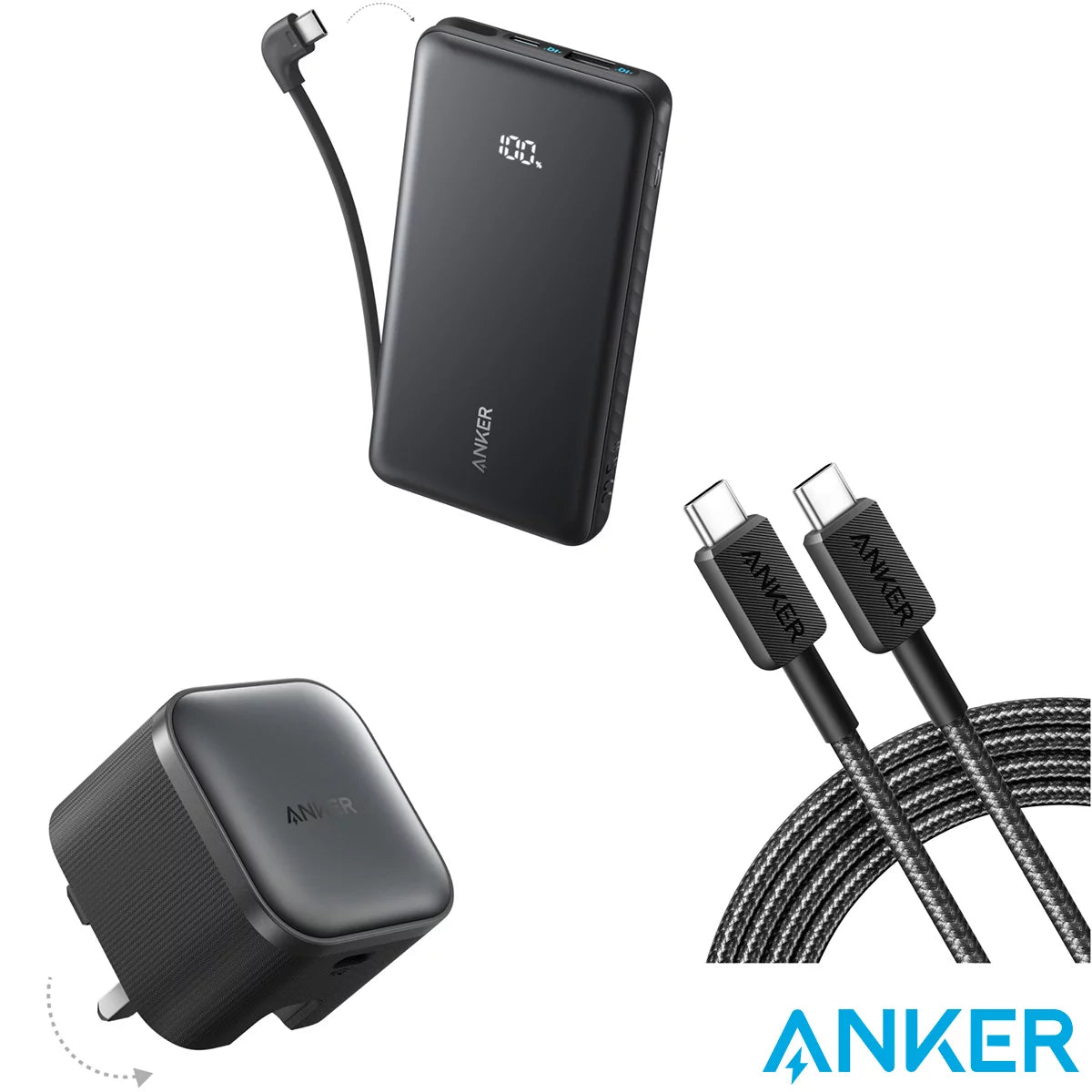 Anker Nano 45W Foldable USB-C Charger, Zolo 10000mAh Power Bank, and 0.9