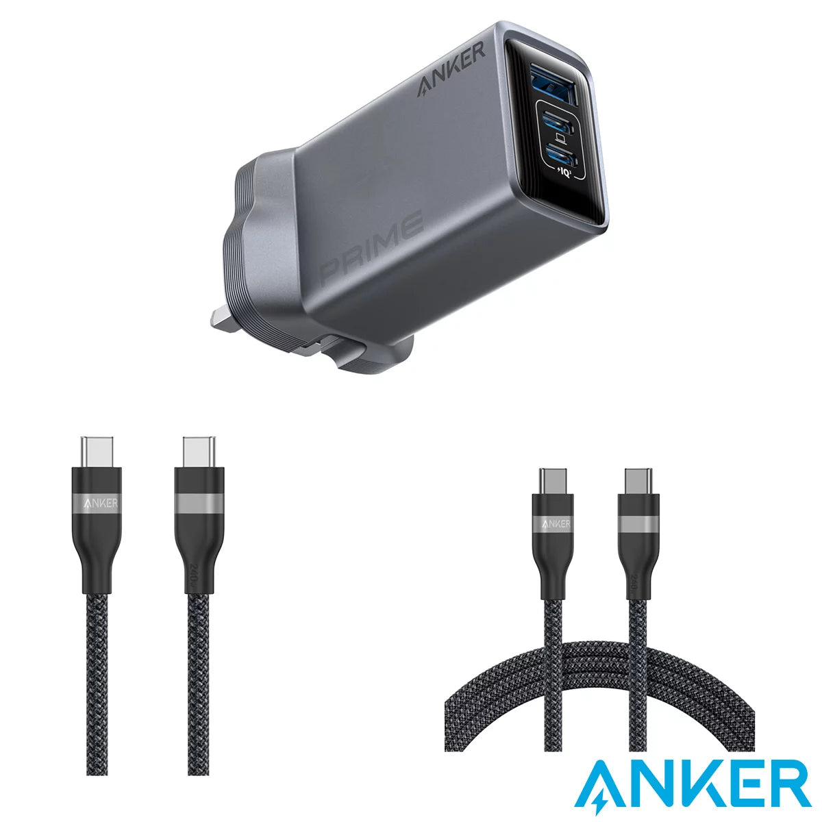 Anker Prime Charger (100W, 3 Ports, GaNPrime) with 0.9 m & 1.8m 240W USB-C