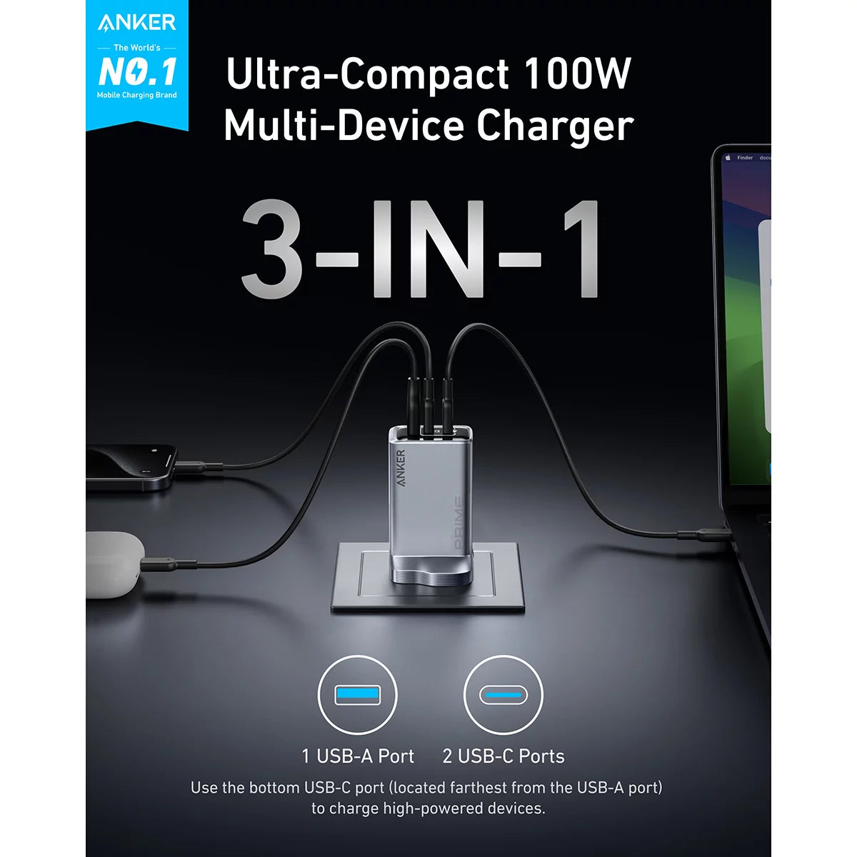 Anker Prime Charger (100W, 3 Ports, GaNPrime) with 0.9 m & 1.8m 240W USB-C