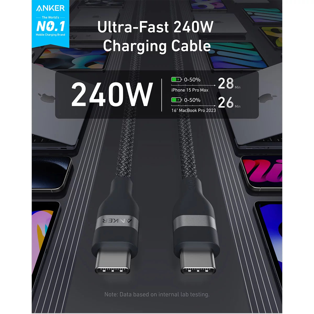 Anker Prime Charger (100W, 3 Ports, GaNPrime) with 0.9 m & 1.8m 240W USB-C